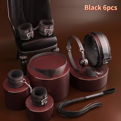 6-10Pcs/Set Sexual Bondage Handcuff Whip Adult Couple Sex Toys Tools Set Erotic Sex Toys for Woman Couples Leather BDSM Kits