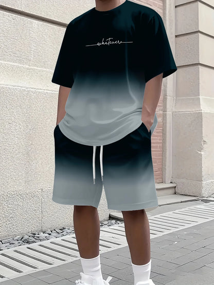 Summer Gradient Color Athletic T-Shirt and Shorts Set Stylish Men's Quick-Dry Athletic Short-Sleeve Top with Drawstring Shorts