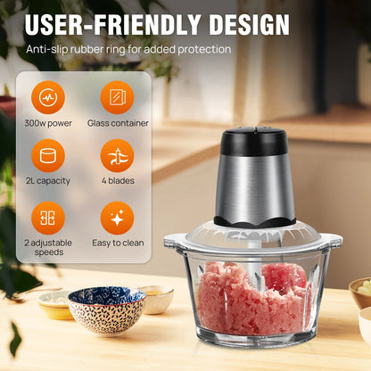 Meat Grinder 300W Electric Multi Blender Mixer with 2L Glass Container,2 Speed Settings,4 Stainless Steel Blades Easy to Clean