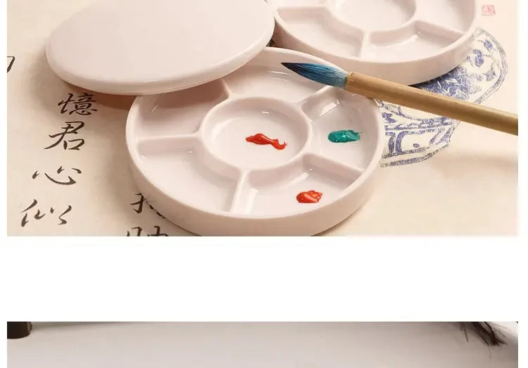 Imitation Porcelain Round Palette with Lid Acrylic Watercolor Painting Multifunctional White Paint Tray Artist Supplies