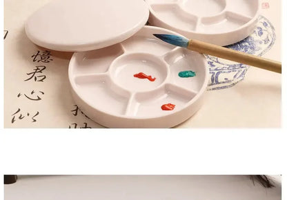 Imitation Porcelain Round Palette with Lid Acrylic Watercolor Painting Multifunctional White Paint Tray Artist Supplies