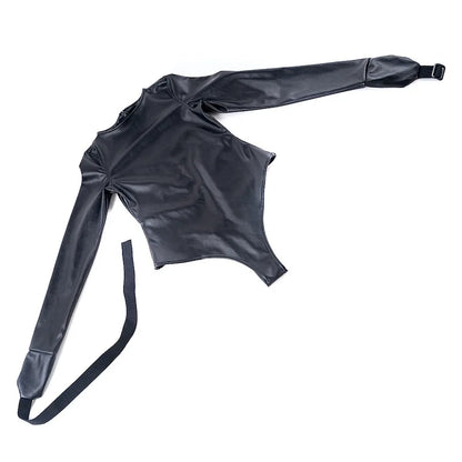 Leather Long Sleeve Bodysuit Straight Jacket with Crotch Strap,SM Game Bondage Armbinder Harness,Slave Role Costume BDSM Sex toy