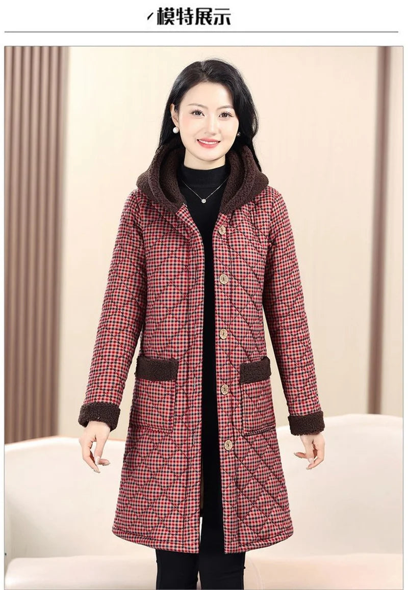Winter Coat New Vintage Velvet And Thickening Single breasted Cotton Coat for Women Fit Cotton Clip Warm Long Parka Plaid Coat