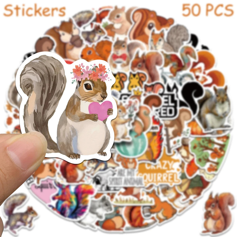 50pcs Cartoon Cute Squirrel Stickers Decals For Laptop Scrapbook Skateboard Helmet Guitar DIY Aesthetic Waterproof Stickers