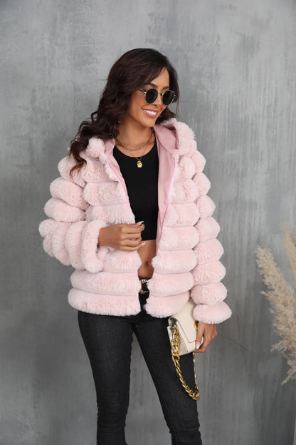 2026 Faux Fur Women Coats Hooded Full Sleeve Short Coat Zipper Thick Warm Solid Temperament Elegant Splice Autumn Winter