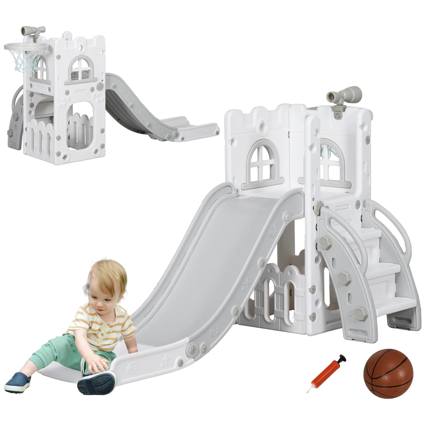 Children's Slide, 5 in 1, Toddler Slide with Basketball Hoop, Telescopic Climbing Frame Gray 70 X 177 X 92 cm, Children's Toy Slide, Toy Slide, Outdoor Slide