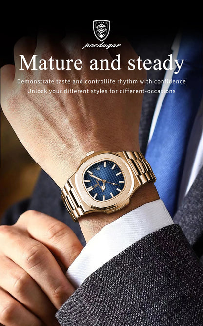 POEDAGAR Fashion Business Man Watch Waterproof Luminous Date Stainless Steel Men Quartz Watch Luxury Square Men's Watches Reloj