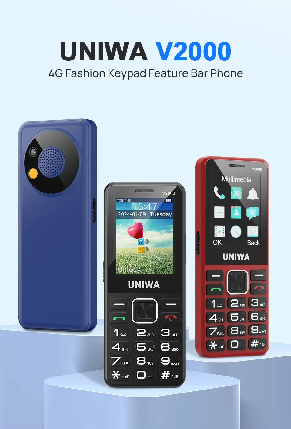 UNIWA V2000 4G VoLTE Keypad Phone 2.4 Inch Big Button Loud Volume Dual SlM 1700mAh Russia Hebrew Keyboard Feature Phones Elderly