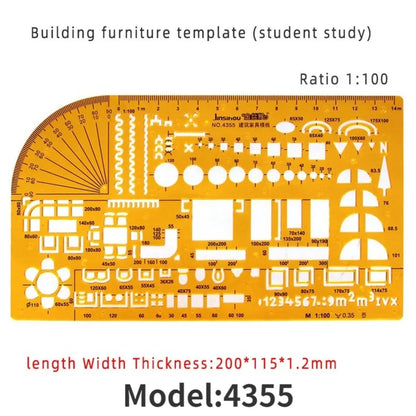 Geometric Drawing Template Set With Measuring Ruler - Yellow Transparent Plastic Tools+Bonus PE Zipper Bag - For Architecture