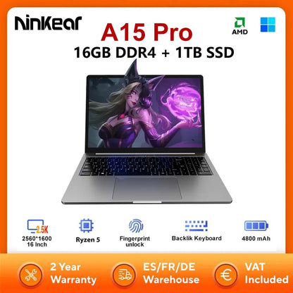 Ninkear A15 Pro Laptop 16GB 1TB AMD Ryzen 5 16 inch 120Hz 2560*1600 Display Screen Fingerprint Unlock Notebook Computer