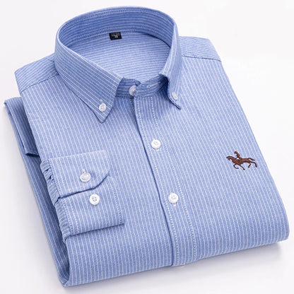 Basic Oxford Dress Shirt For Men Long Sleeve 100% Pure Cotton Solid  Casual Plaid Striped Social Business Male Regular-Fit S-6XL