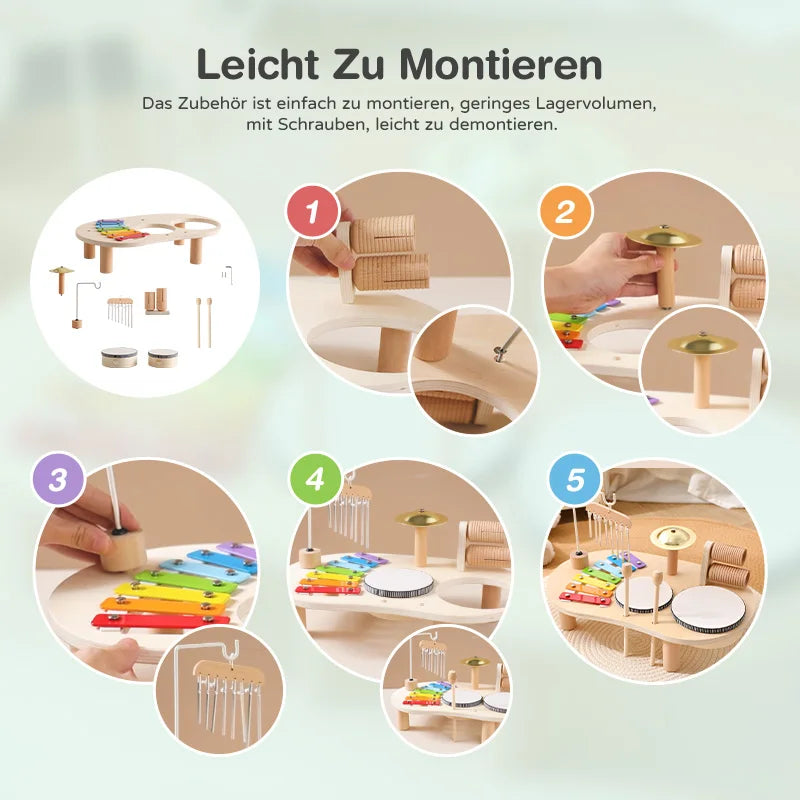 7 in 1 Wooden Toddler Musical Instrument Table Montessori Baby Percussion Toy Xylophone Drum Set Sensory Early Learning Play Gift for Kids 1‑4Y