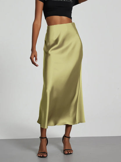 21 Colors New 2026 Women's Elegant High Waist Satin Long Skirts Female Summer Solid Color Faldas
