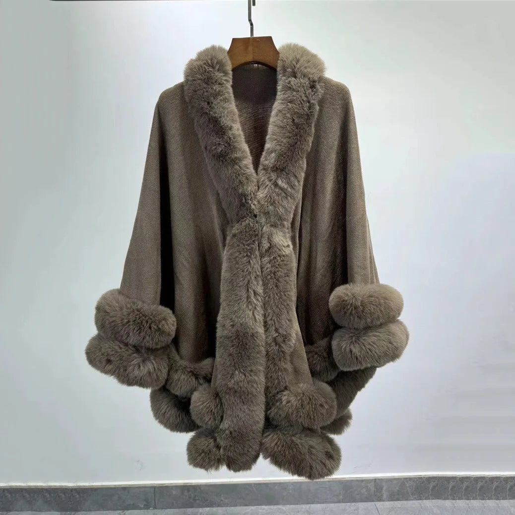 2024 Women 2 Circle Wraps Long Faux Rabbit Fur Cape Poncho Winter Loose Thick Warm Shawl Outerwear Knitted Cloak Overcoat