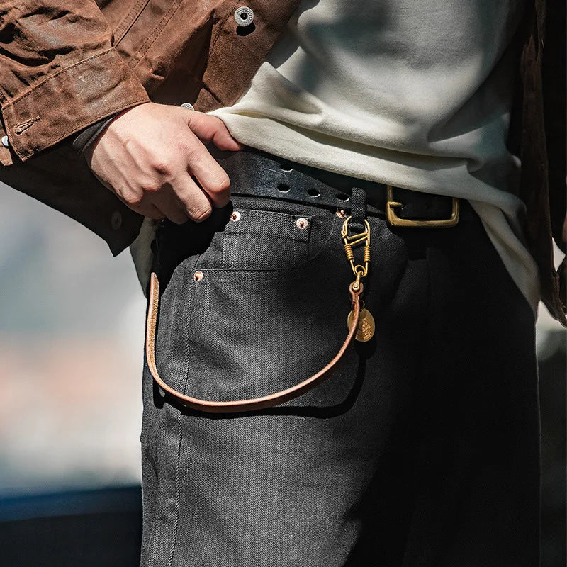 Maden Men's Vintage 12.8oz Black Washed Denim Jeans Mid Rise Straight Classic Casual Zip Fly Pants for Autumn Versatile Trousers