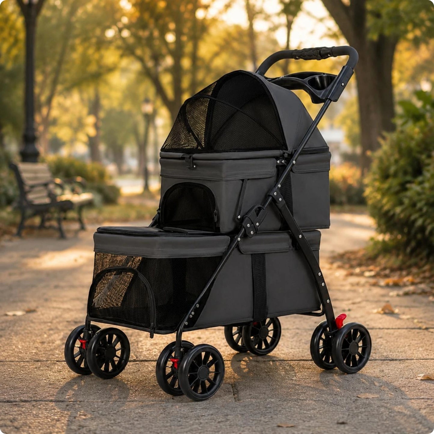 Double-Deck Pet Stroller Lockable Wheels Small Dog Feline Stroller Pet Transport Storage Pockets Removable Liner for Outdoor