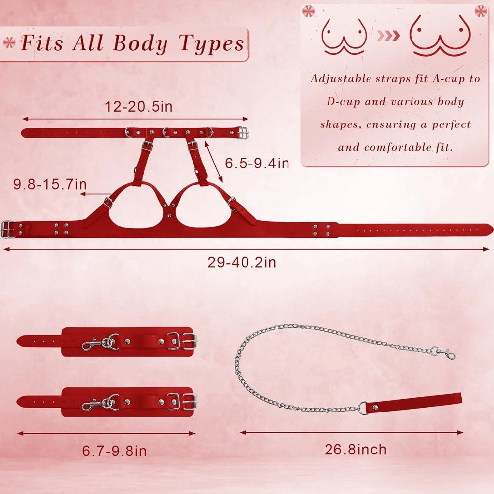 Adjustable Handcuffs and Leg Cuffs PU Collar and Bra Couple Toys BDSM Training Bondage Sex Toys SM Slave Props for Men and Women