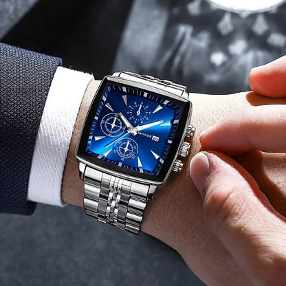 Luxury Square Dial Men Quartz Wristwatch Fashion Stainless Steel Man Business Watches With Calendar Reloj Hombre (Without Box)