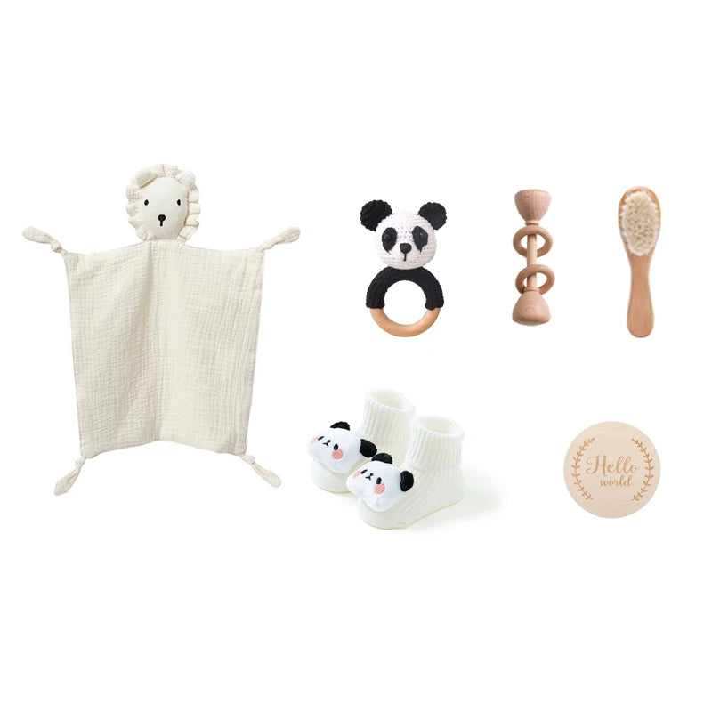 Newborn Baby Bath Set with Double Sided Cotton Blanket Face Saliva Towel Crochet Rattle Toy Wool Brush,Gift Box for Baby Shower