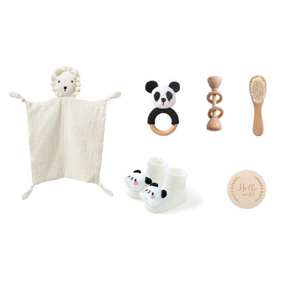 Newborn Baby Bath Set with Double Sided Cotton Blanket Face Saliva Towel Crochet Rattle Toy Wool Brush,Gift Box for Baby Shower