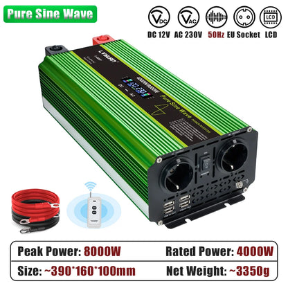 LVYUAN Pure Sine Wave Power Inverter 2000W 3000W 4000W DC 12V 24V to AC 230V LCD Remote Control 2 EU Sockets USB Home RV Solar