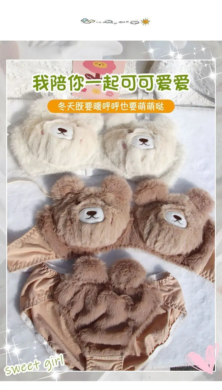 Soft and Cute Bear Japanese-style Lingerie for Women, Autumn and Winter Cartoon Plush Comfortable and Adorable Girl Bra