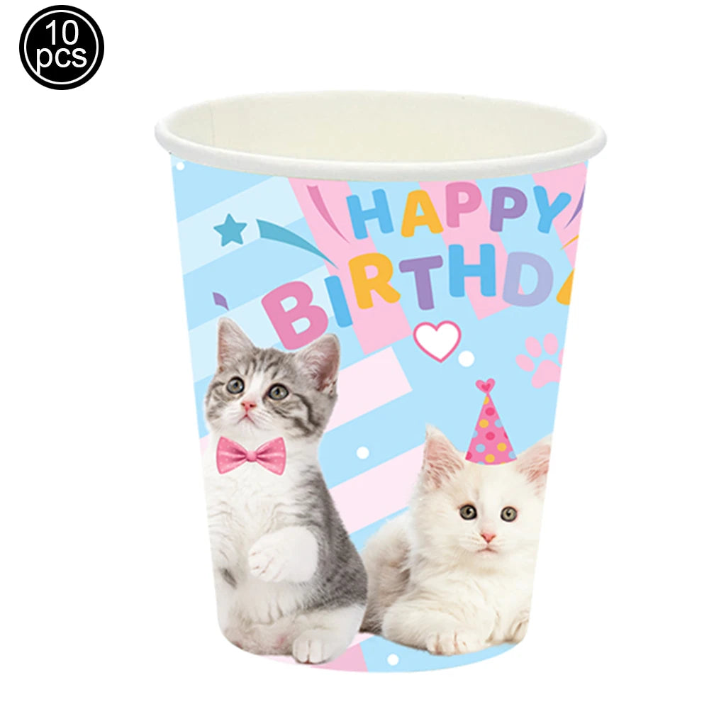 Cat Party Paper Plates Cups Napkins Party Supplies Cat Face Happy Birthday Banner Tablecloth for Cat Themed Birthday Party Decor