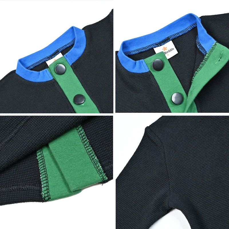 AA-Colorblock Waffle Knit Set Shirt Girl Dress and Baby Romper Contrasted Edges Rib Black Family Clothing Front Buttons Opening