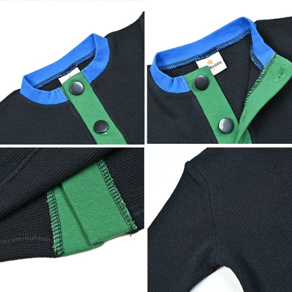 AA-Colorblock Waffle Knit Set Shirt Girl Dress and Baby Romper Contrasted Edges Rib Black Family Clothing Front Buttons Opening