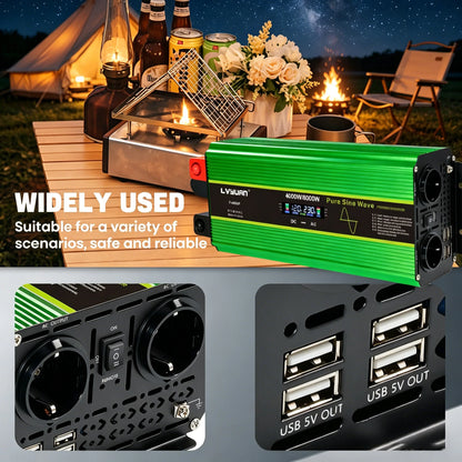 LVYUAN Pure Sine Wave Power Inverter 2000W 3000W 4000W DC 12V 24V to AC 230V LCD Remote Control 2 EU Sockets USB Home RV Solar