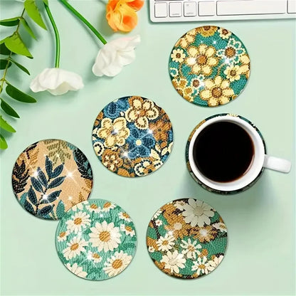 8pcs/Set DIY Diamond Painting Coasters with Holder Anti Slip Wood Drip Mats Crystal Rhinestones Diamond Art Coasters for Adults