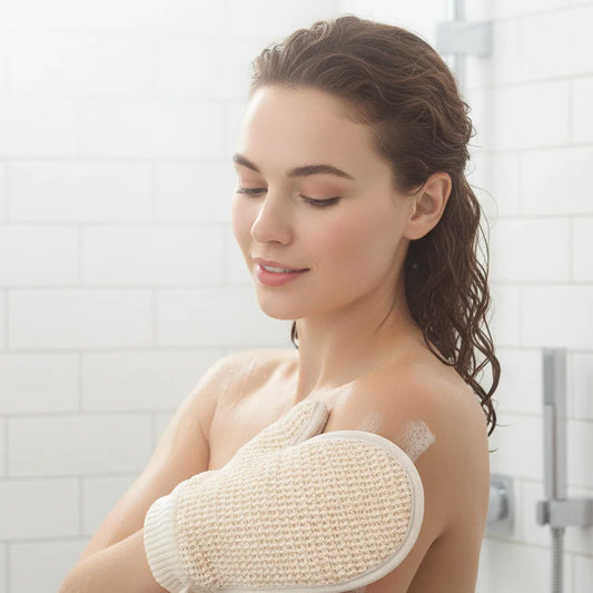 2-in-1 šveičiamoji pirštinė – medvilninė lininė kūno kempinė su tinklelio tekstūra, skirta namų SPA ir voniai