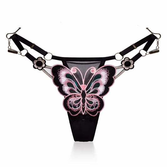 Butterfly Lace Thong for Women Low Waist G-String Transparent Mesh Panties Sexy Embroidered Briefs Adjustable Waist Culotte Femm