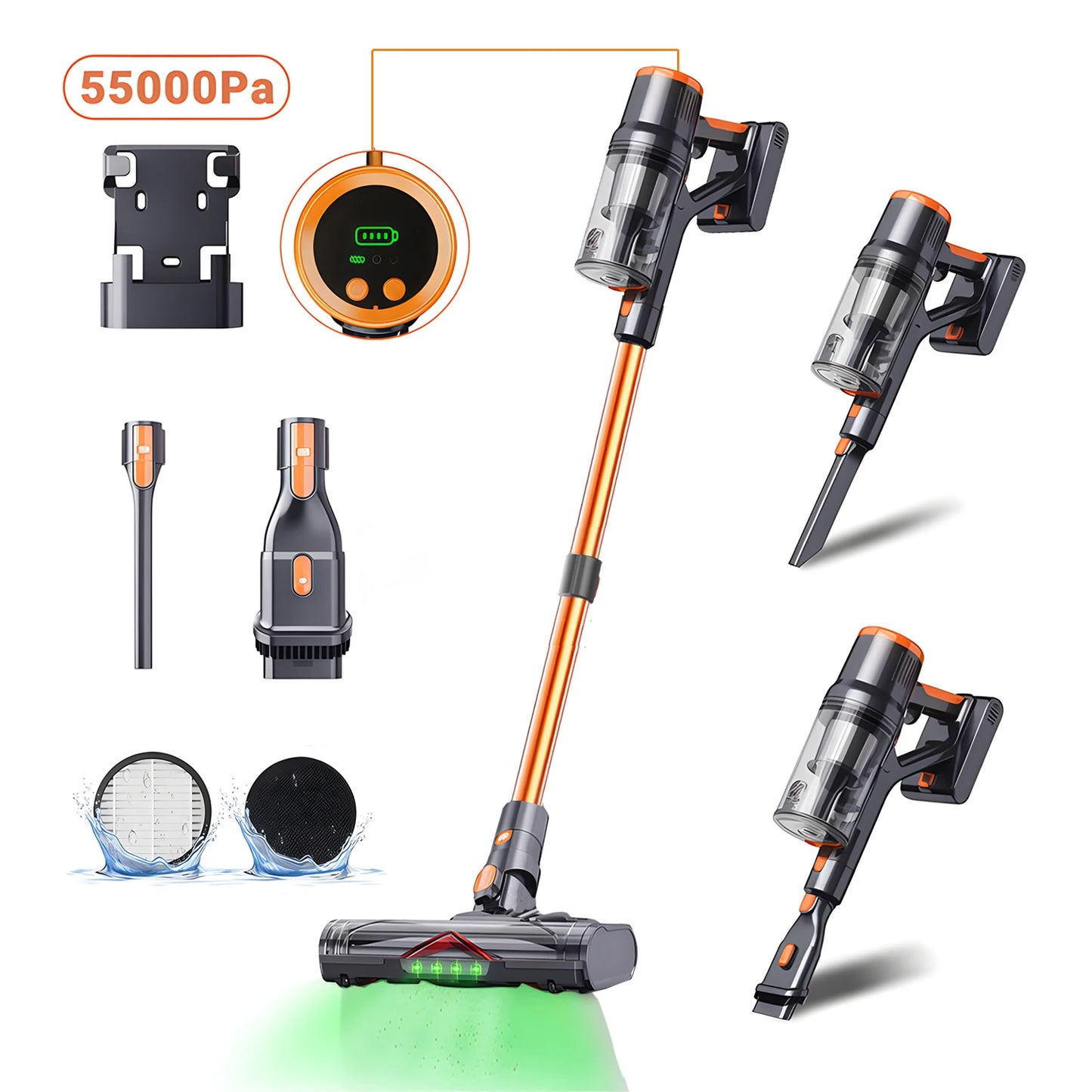 Blossom DSV112A Cordless Vacuum Cleaner 50000Pa 550W,180° Foldable Tube Touchscreen Stick Vacuum,55 Mins Runtime Anti-Tangle Roller Brush HEPA Filtration LED Light Wireless Vacuum for Pet Hair Hard Floor Carpet