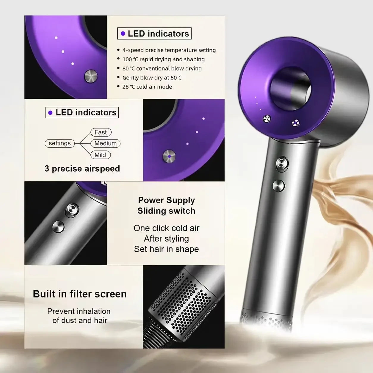 Professional Ionic Hair Dryer, 1800W High Speed Blow Dryer with Diffuser & Nozzle, Constant Temperature Hair Care, Powerful AC M