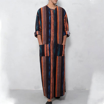 New Men Islam Qamis Muslim Striped Robes Long Sleeve Button-down Arabian Kaftan Suit Middle East Dubai Abaya Summer Man Clothing