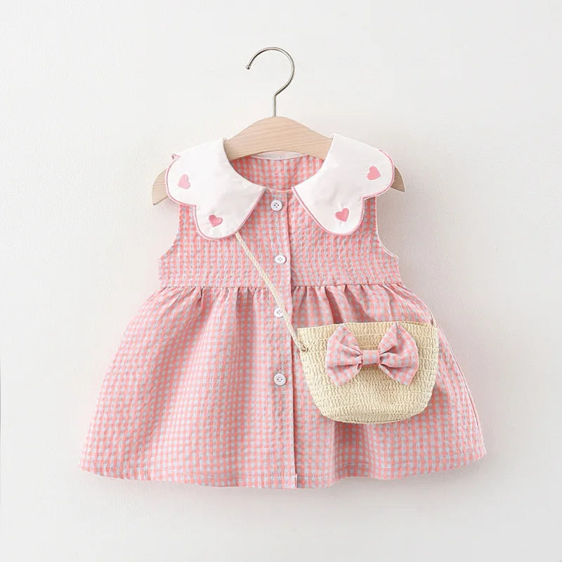 Baby Girl Plaid Dress Summer New Sweet And Beautiful Children'S Clothing+Bow Bag (9 Months -3 Years Old)