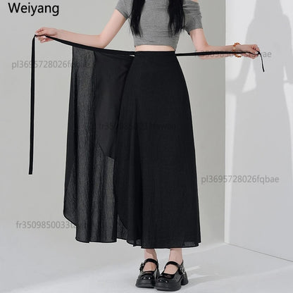 Chic Korea Clothes Summer Women Cute Sweet GIrls Solid Robe Holiday Date High Waist Retro Vintage Wrap One-Piece Lace-Up Skirts