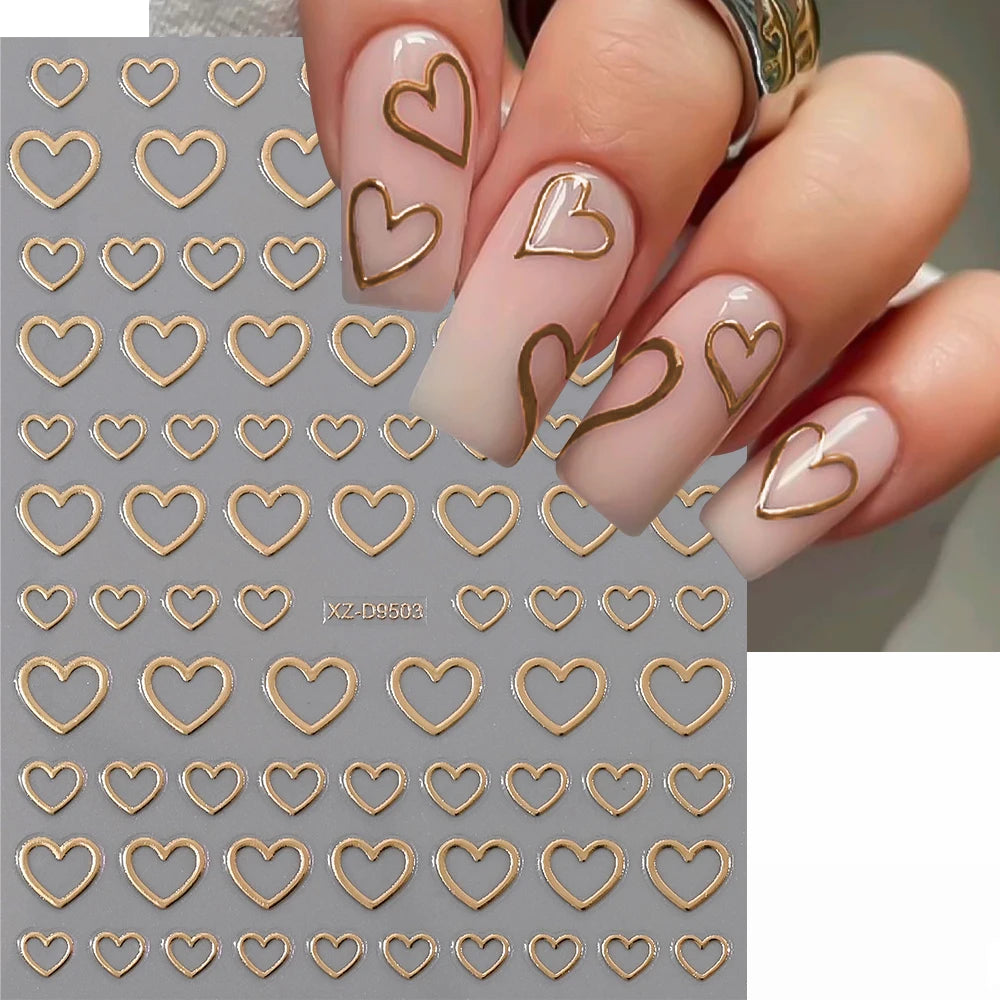 8pcs/set Mini Red Heart Valentines Nail Stickers Irregular Love Stripe Gold/Silver Nail Decals Sliders Laser Shiny Manicure Acce