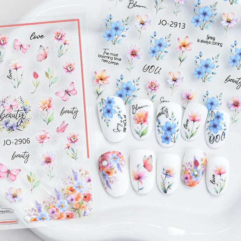 3d Nail Art Decals Spring Booming Violets Lavenders Purple Blue Pink Flowers Butterflys Stickers Decoration For Nail Tips Beauty