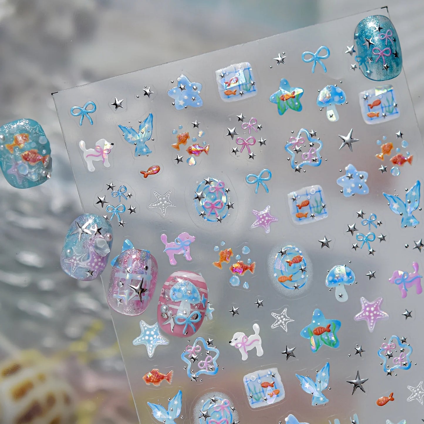 5D Starfish Fish Tail Small Fish Blue Bow Shell Silver Glitter Star Nail Art Stickers Ocean Fantasy Summer Nail Decals Manicure