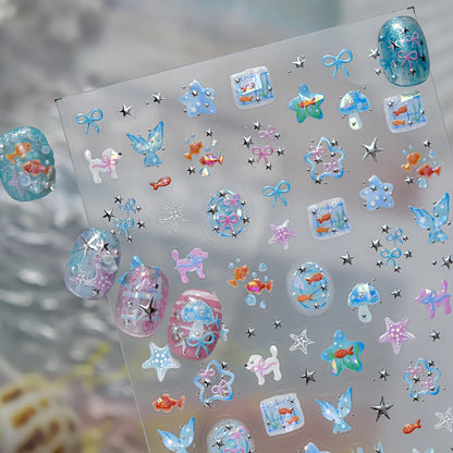 5D Starfish Fish Tail Small Fish Blue Bow Shell Silver Glitter Star Nail Art Stickers Ocean Fantasy Summer Nail Decals Manicure