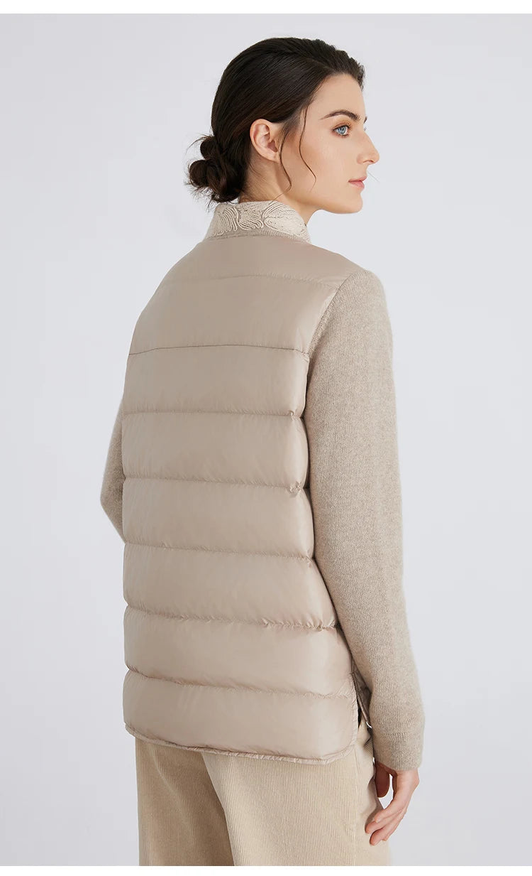 BC911 Polo Collar Spliced 100% Cashmere Long Sleeve Single Breasted White Goose Down Jacket for Women