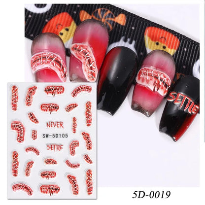 1sheet 5D Halloween Nail Stickers Pink/Green/Black Cartoon Pattern Nail Art Slider DIY For Sweet Cool Girl Cute Nail Decoration