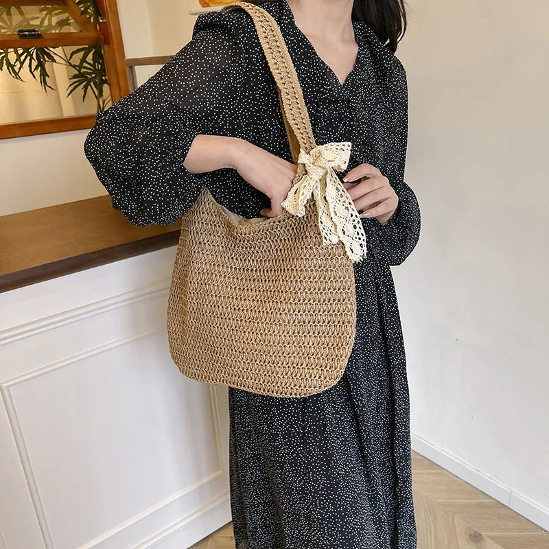 Fashion Rattan Women Shoulder Bags Woven Female Handbags Large Capacity Summer Beach Straw Bags Casual Tote Purses