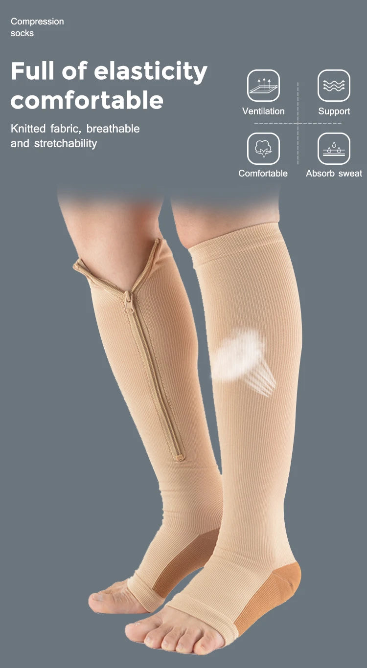 Compression Socks Men Women Support Knee Zipper Female Open Toe Thin Anti Fatigue Stretchy Sox High Socks Unisex