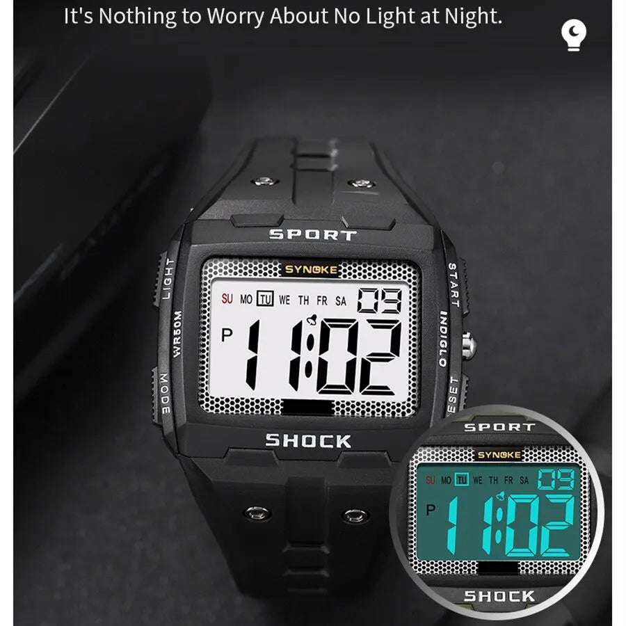 SYNOKE New For Men Sports Electronic Watch Waterproof Night Glow Large Screen Square Outdoor Running Camping Student Watch