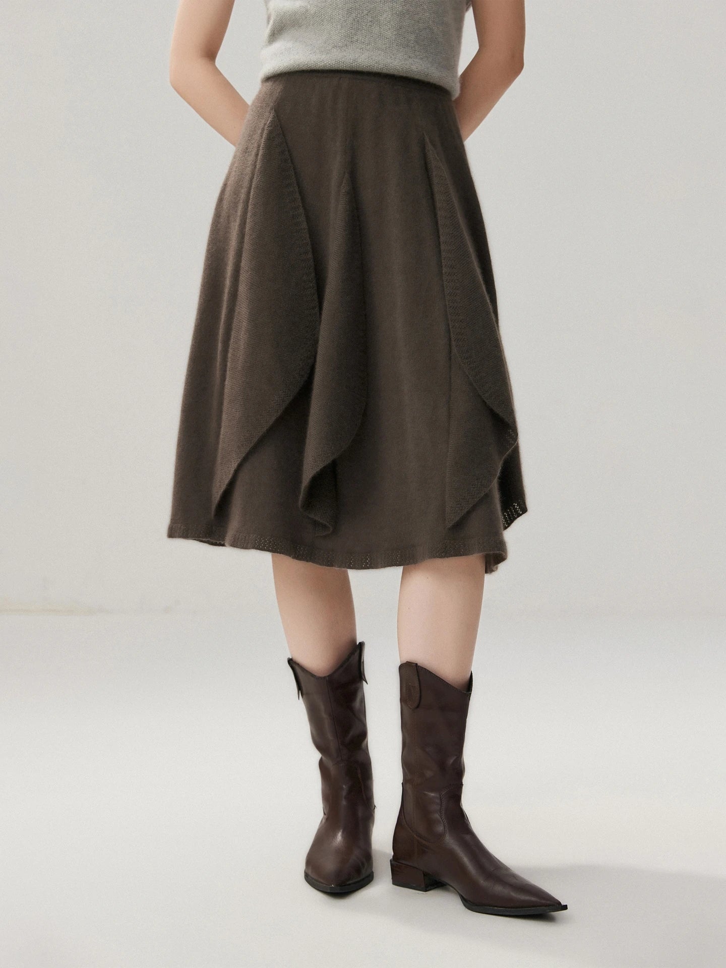 French 100% Pure Cashmere Skirt Ruffle Irregular A-line Soild Midi Sirt Autumn Winter Women Elegant Pleated  Knit Dress Fashion