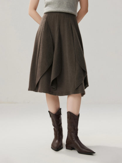 French 100% Pure Cashmere Skirt Ruffle Irregular A-line Soild Midi Sirt Autumn Winter Women Elegant Pleated  Knit Dress Fashion