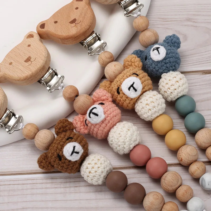 Cartoon Bunny Pacifier Chain Clip Wood Crochet Bear Teething Chain Baby Teether Soother Holder Newborn Chew Toys Pacifier Clips